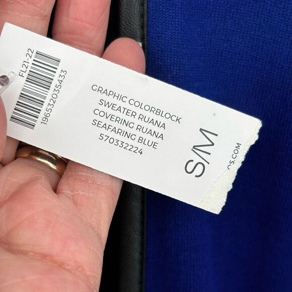Chico’s Faux Leather Trim Sweater Ruana Blue Seafaring Blue Size S/M - Picture 6 of 11